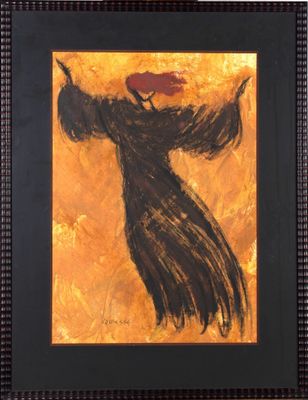 tableau représentant une femme en robe noire tenant un parapluie rouge