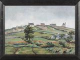 une image représentant un tableau représentant un paysage avec des maisons sur une colline