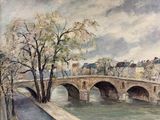 une peinture représentant un pont au-dessus d'une rivière avec des bâtiments à l'arrière-plan