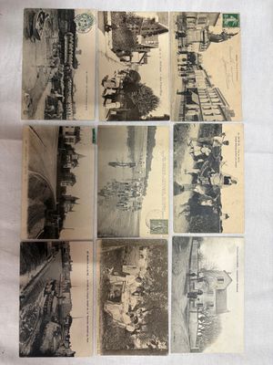 several old black and white photographs of people on a train track
