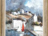 an oil painting of a sailboat in a harbor with a white house on a hill in the background
