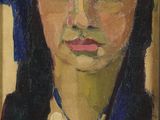 tableau représentant une femme vêtue d'une chemise blanche et d'une cravate bleue