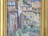 tableau représentant une vue d'une ville avec une tour horloge en arrière-plan