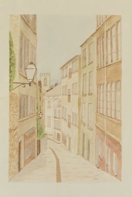 a painting of a narrow street with buildings on both sides