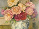 a painting of roses in a vase on a table