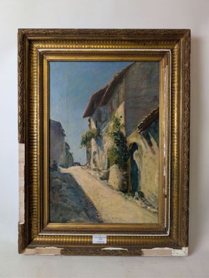 an oil painting of a street scene with a woman walking down the street