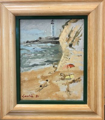 an oil painting of a person on a beach with a lighthouse in the background
