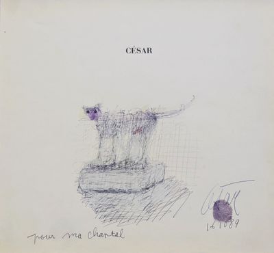 dessin représentant un chat assis sur une table, à côté d'une pelote de laine