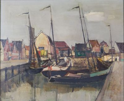 un tableau représentant des bateaux amarrés dans un port, avec des bâtiments en arrière-plan