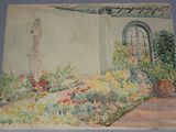 un tableau représentant un jardin avec des fleurs et une statue accrochée au mur