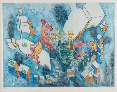 tableau représentant un groupe de personnes faisant voler des cerfs-volants dans le ciel
