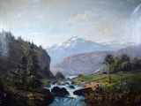 tableau représentant une rivière qui traverse une vallée, avec une montagne en arrière-plan
