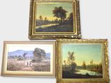three framed paintings of a man and a dog in a field