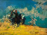 une peinture représentant un groupe d'hommes à cheval