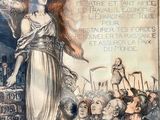 poster of a woman holding a flag in front of a crowd of people