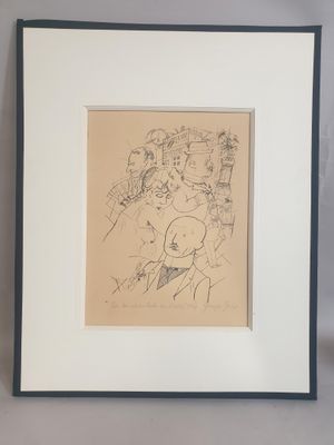 dessin encadré représentant une femme avec un chat sur les genoux