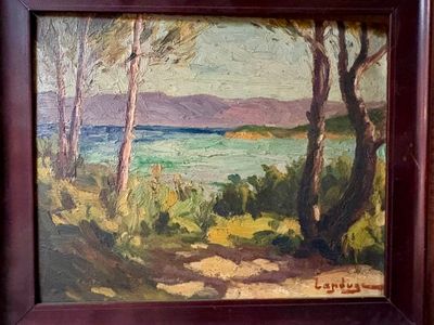 une photo d'un tableau représentant un lac et des arbres