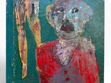 a painting of a dog wearing a red shirt
