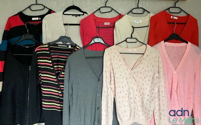 a lot of sweaters hanging on a rack in a closet