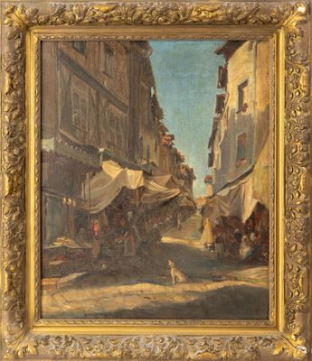 une peinture à l'huile représentant une scène de rue avec un chien au premier plan