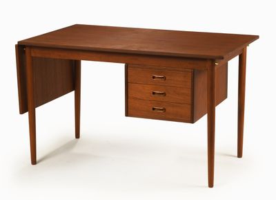 a wooden desk with two drawers and a drawer underneath it