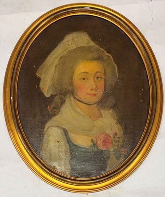 un vieux tableau représentant une femme coiffée d'un chapeau blanc et vêtue d'une robe bleue