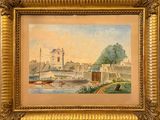 an image of a painting of a boat in a body of water with a castle in the background