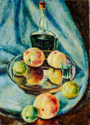 tableau représentant une nature morte avec des pommes et une bouteille posées sur une table
