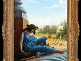 an image of a painting of a woman sitting on a ledge