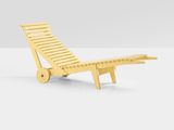 a wooden chaise lounger with wheels on a white surface