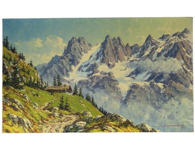 tableau représentant un paysage de montagne avec une cabane au premier plan et des sommets enneigés à l'arrière-plan