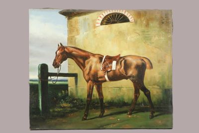 a painting of a horse standing in front of a building