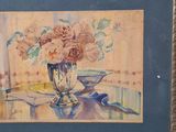 a painting of flowers in a vase on a table