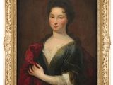 un tableau représentant une femme en robe verte tenant un foulard rouge