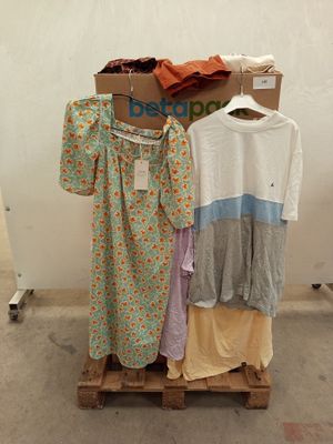 un tas de vêtements posé sur une palette près d'un mur