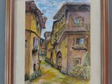 painting of a narrow street in an old town with a bird flying over it