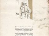an old book with a drawing of a woman sitting on a chair