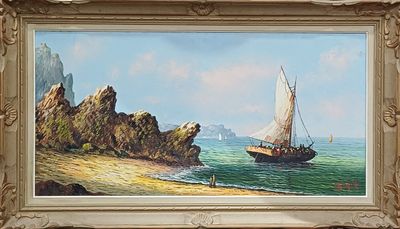 une peinture représentant un bateau sur l'eau, près d'une falaise
