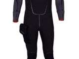 the wetsuit is black and red with a zipper on the chest