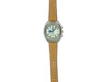 a close up of a watch on a white background with a brown strap