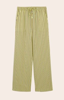 une photo d'un pantalon rayé jaune et blanc avec des rayures noires