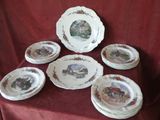 de nombreuses assiettes sur une table recouverte d'une nappe rouge