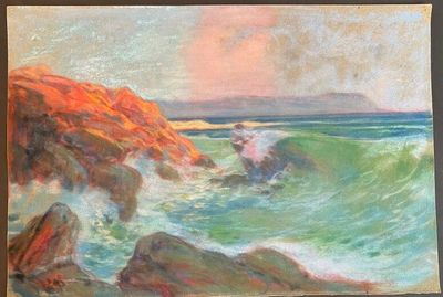 painting of a painting of a person on a surfboard riding a wave