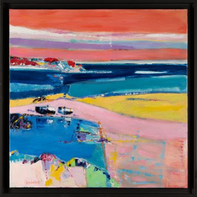 a painting of a beach scene with a red sky in the background