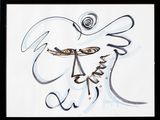 painting of a man with a bird ' s head and a spiral design on his face