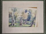 aquarelle encadrée représentant des arbres dans un parc au bord d'un ruisseau