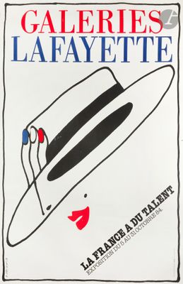 a white poster with a hat and lipstick on it