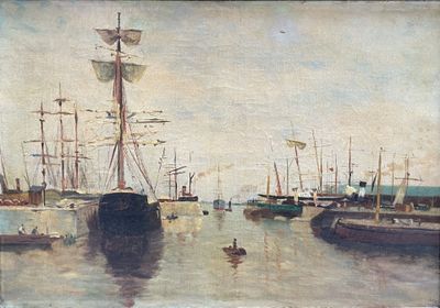 a painting of a harbor scene with boats in the water