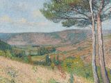 painting of a view of a valley with a lone tree in the foreground