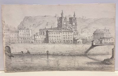 drawing of a view of a city with a bridge over a river